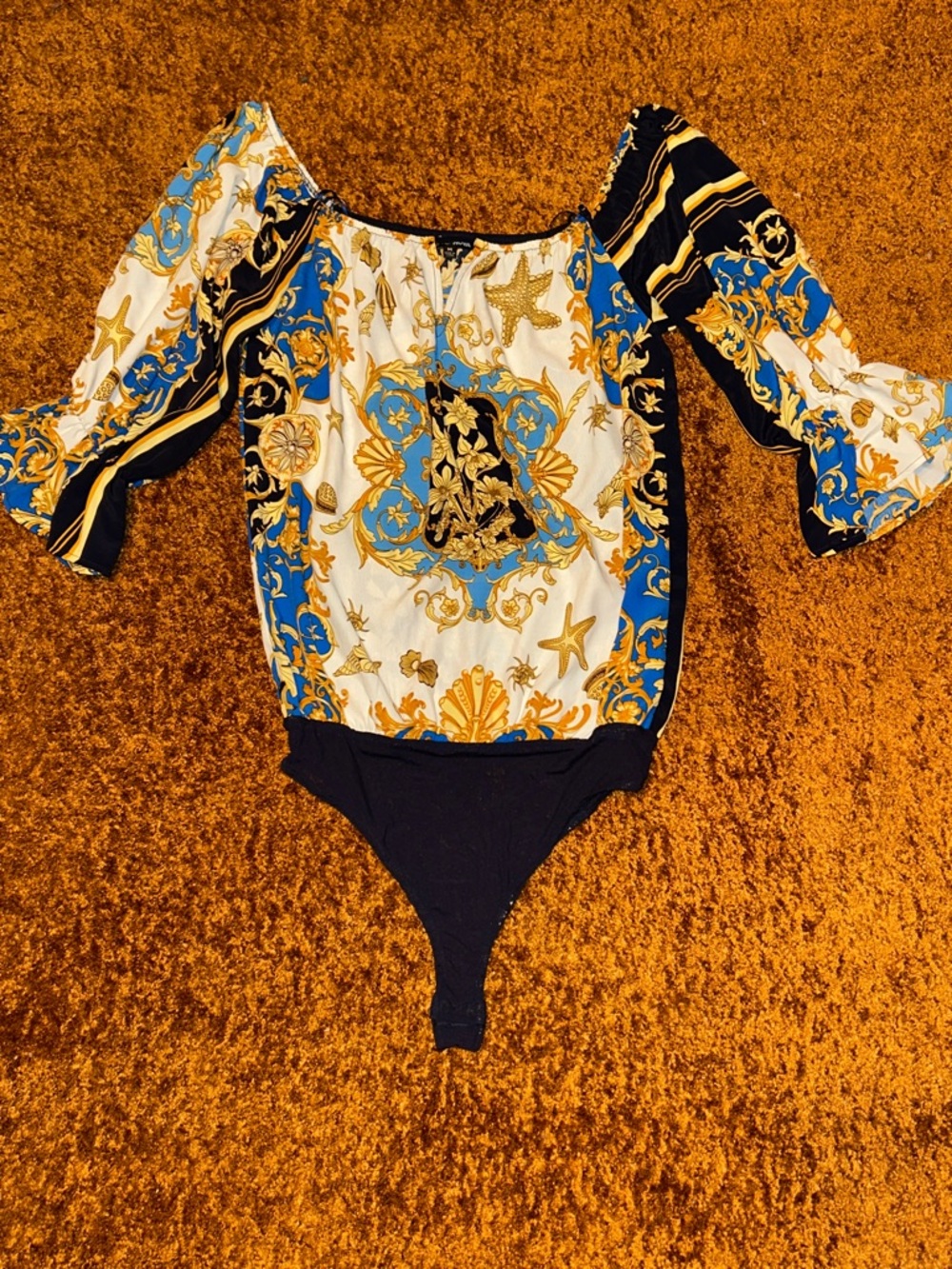 Fashion Nova Blue, White and Gold Baroque Print Off-Shoulder Bodysuit